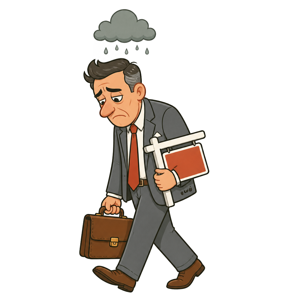 Cartoon van een teleurgestelde makelaar met stropdas en koffertje die wegloopt